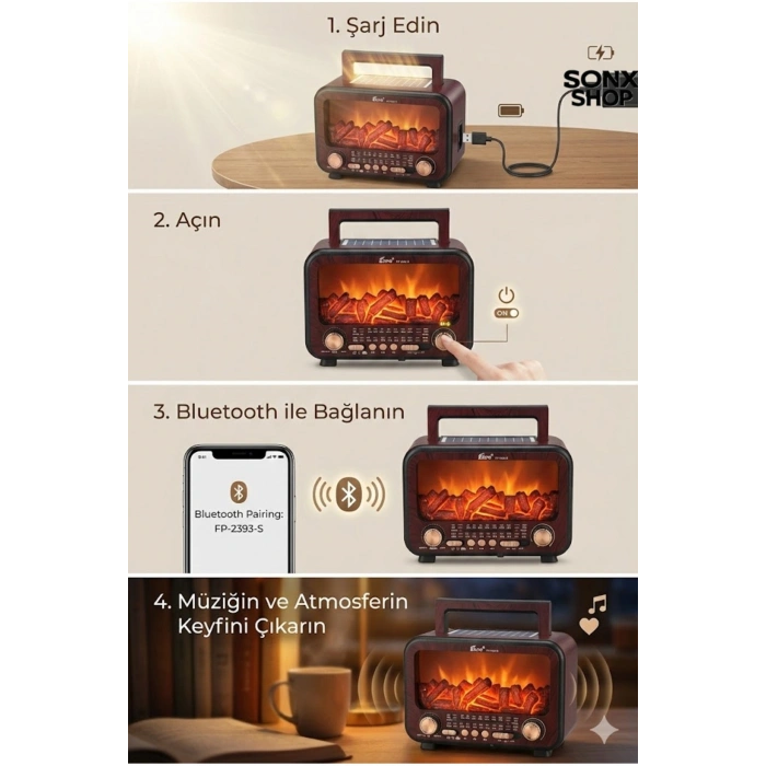 Şömine Alev Efektli  Bluetooth Hoparlör Radyo – Güneş Enerjili
