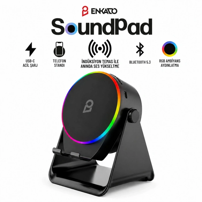 SoundPad Bluetooth Hoparlör - İndüksiyon Temas Özellikli - Telefon Standlı - Type-C Şarj - RGB Ambiyans Aydınlatma