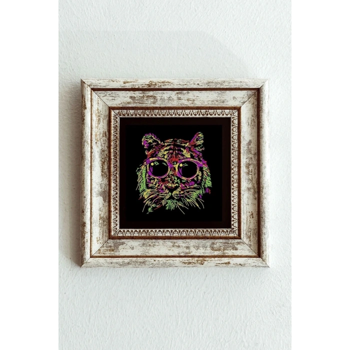 Soyut Çalışma Renkli Kedi Çerçeveli Taş Tablo , Çerçeveli Taş Duvar Dekoru - Enkcrcvtbl-00098 20 cm