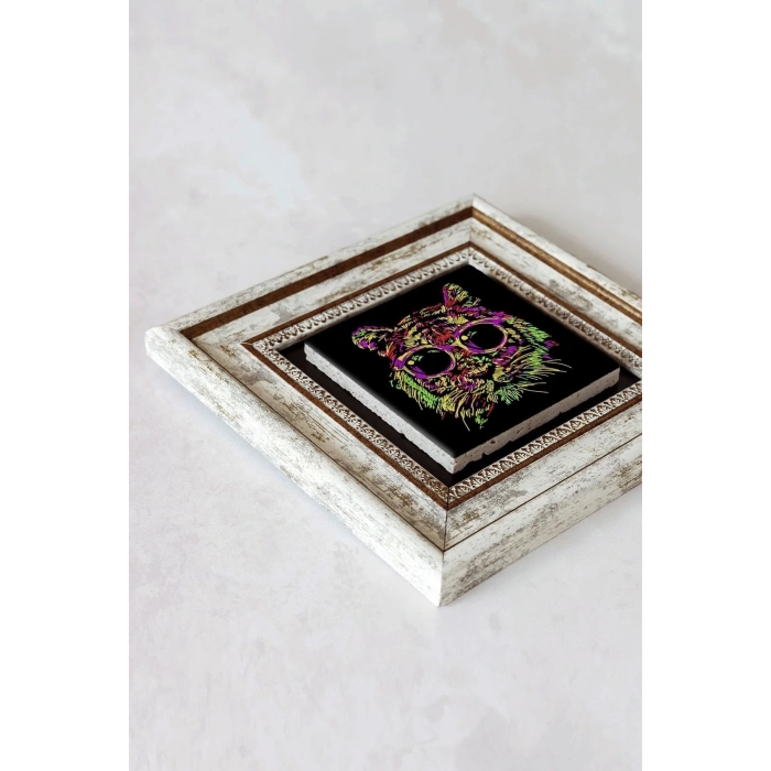 Soyut Çalışma Renkli Kedi Çerçeveli Taş Tablo , Çerçeveli Taş Duvar Dekoru - Enkcrcvtbl-00098 20 cm