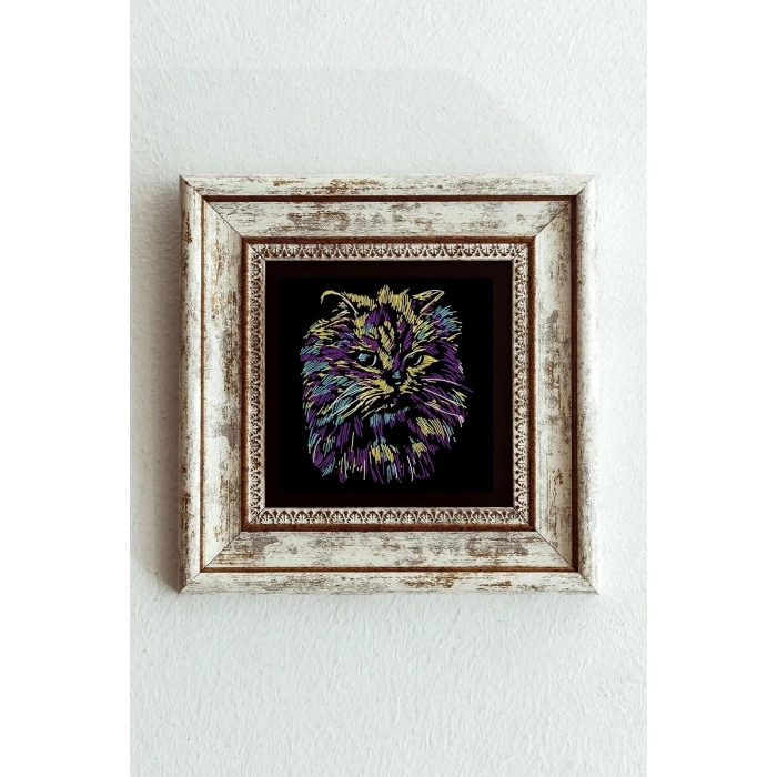 Soyut Çalışma Renkli Kedi Çerçeveli Taş Tablo , Çerçeveli Taş Duvar Dekoru-enkcrcvtbl-00100 20 cm