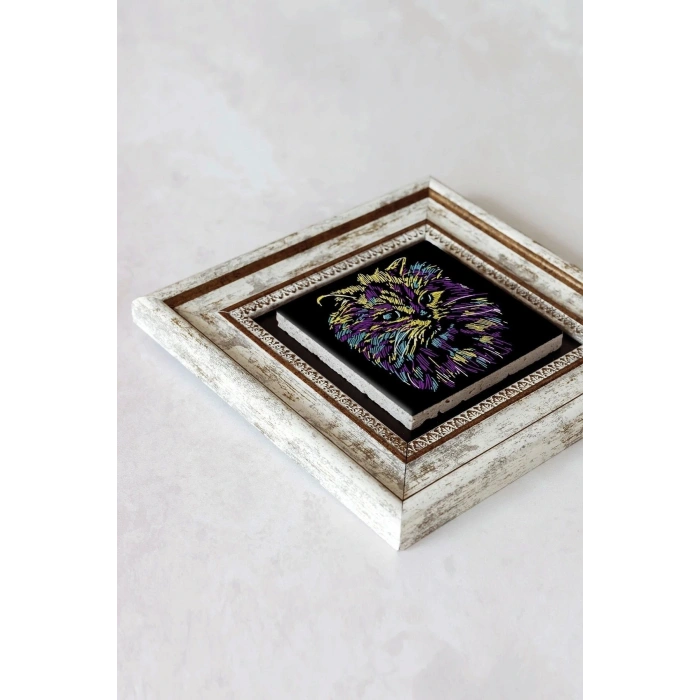 Soyut Çalışma Renkli Kedi Çerçeveli Taş Tablo , Çerçeveli Taş Duvar Dekoru-enkcrcvtbl-00100 20 cm