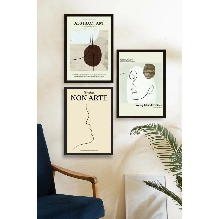 Soyut Sanat Üçlü Ahşap Çerçeveli Tablo 23 x 30