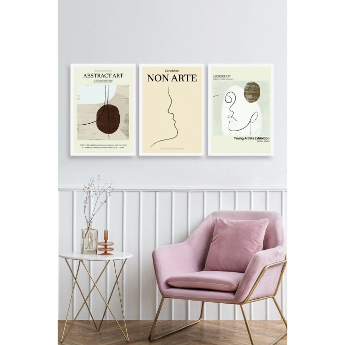 Soyut Sanat Üçlü Ahşap Çerçeveli Tablo 23 x 30