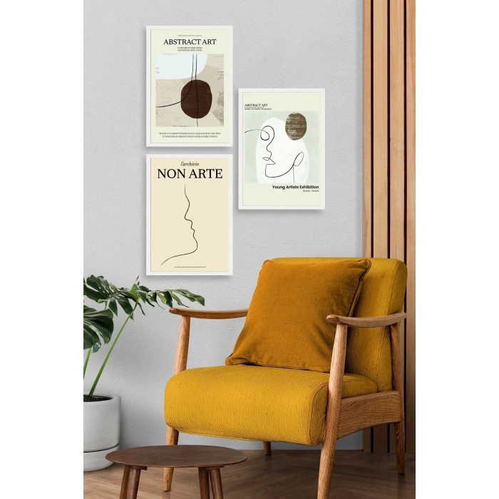 Soyut Sanat Üçlü Ahşap Çerçeveli Tablo 30 x 40