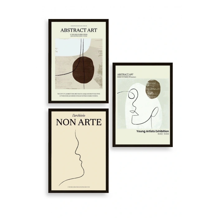 Soyut Sanat Üçlü Ahşap Çerçeveli Tablo 40 x 60