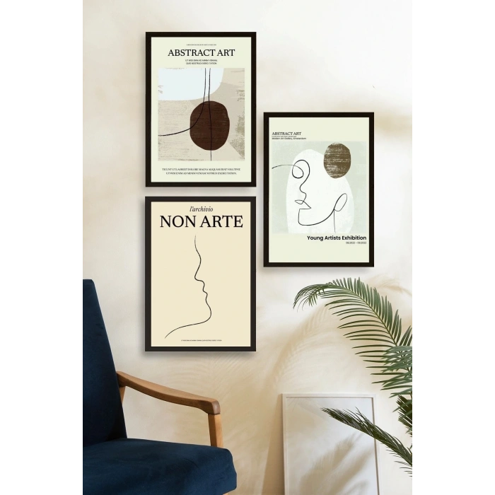 Soyut Sanat Üçlü Ahşap Çerçeveli Tablo 40 x 60