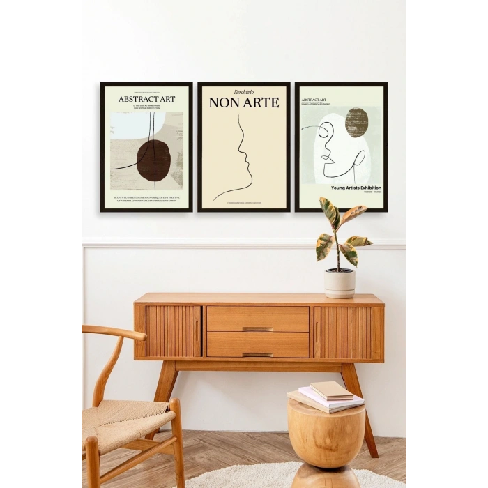 Soyut Sanat Üçlü Ahşap Çerçeveli Tablo 50 x 70