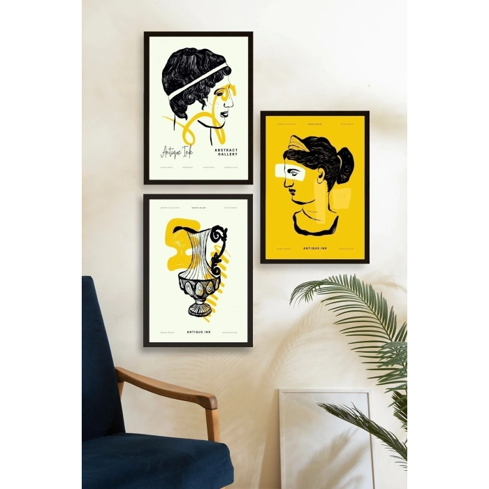 Soyut Üçlü Ahşap Çerçeveli Tablo 23 x 30