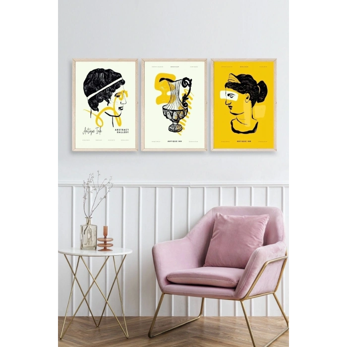 Soyut Üçlü Ahşap Çerçeveli Tablo 23 x 30