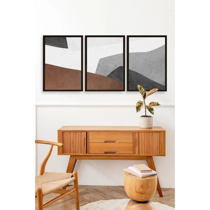 Soyut Üçlü Ahşap Çerçeveli Tablo 23 x 30