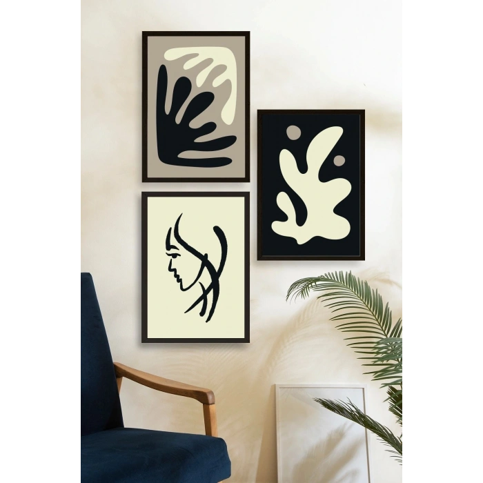 Soyut Üçlü Ahşap Çerçeveli Tablo 30 x 40