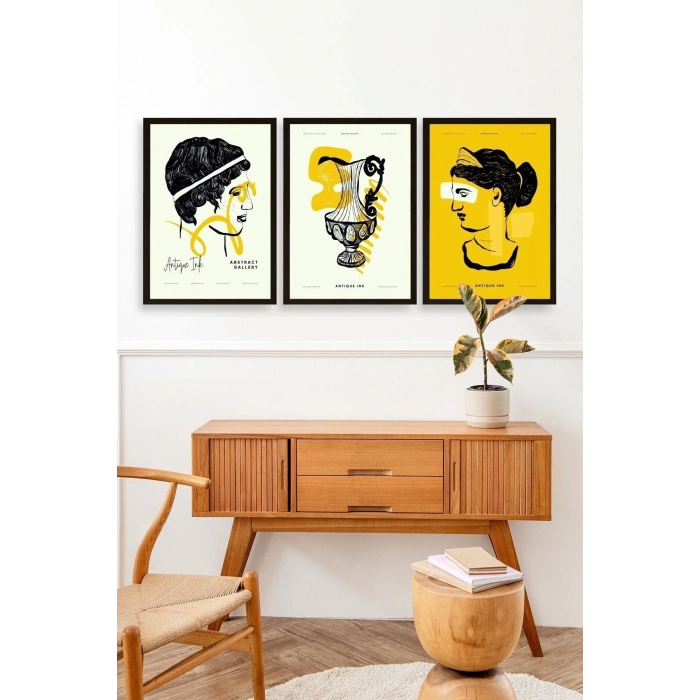 Soyut Üçlü Ahşap Çerçeveli Tablo 30 x 40