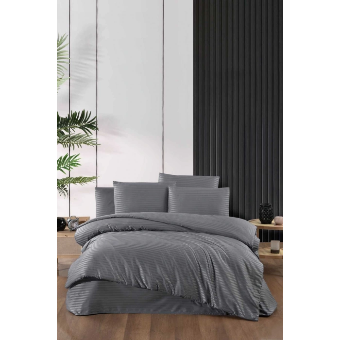 Stripe Saten Line Çift Kişilik Nevresim Takımı Antrasit