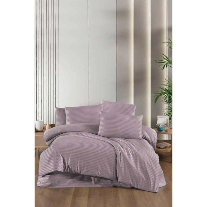 Stripe Saten Line Çift Kişilik Nevresim Takımı Mürdüm