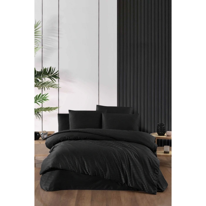 Stripe Saten Line Çift Kişilik Nevresim Takımı Siyah