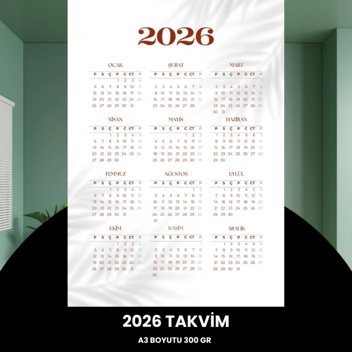 Takvim 2026 Premium A3 300 Gr Dijital Baskı Beyaz Bordo