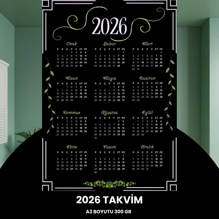 Takvim 2026 Premium A3 300 Gr Dijital Baskı Siyah Yeşil