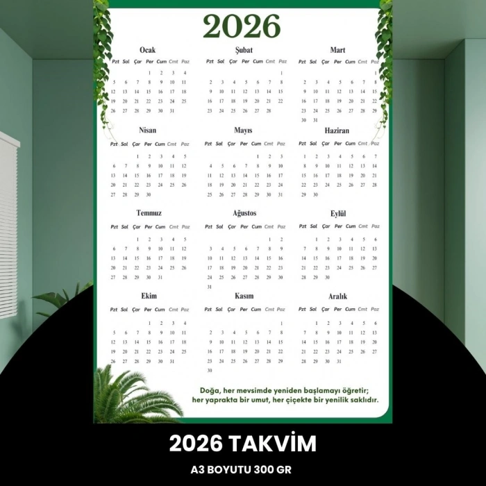 Takvim 2026 Premium A3 300 Gr Dijital Baskı Yeşil Yaprak