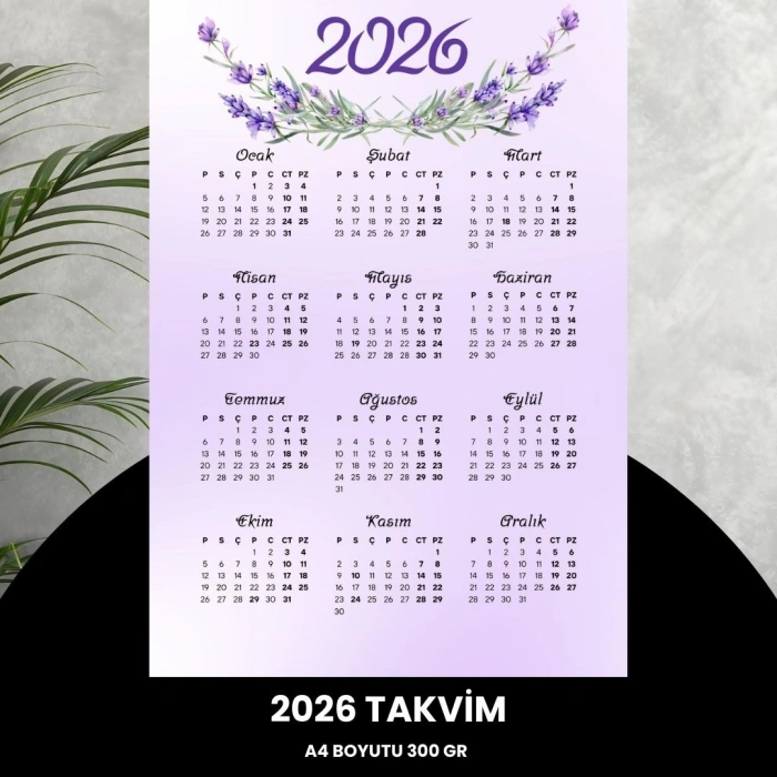 Takvim 2026 Premium A4 300 Gr Dijital Baskı Lavanta