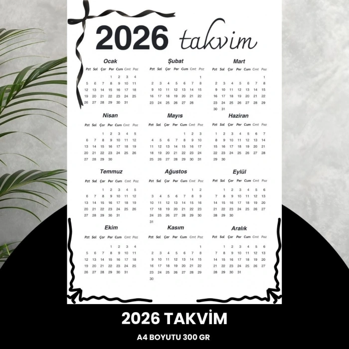 Takvim 2026 Premium A4 300 Gr Dijital Baskı Siyah Kurdele