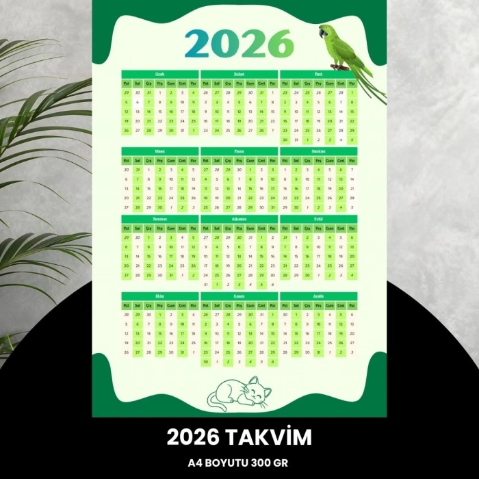 Takvim 2026 Premium A4 300 Gr Dijital Baskı Yeşil-beyaz