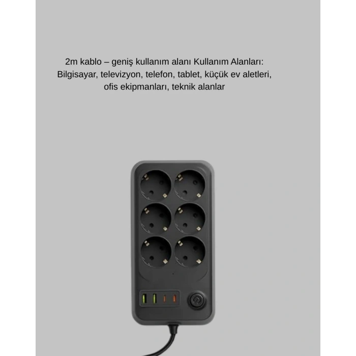 Termal Korumalı 6lı Uzatma Priz 10a 2m Usb Type-c
