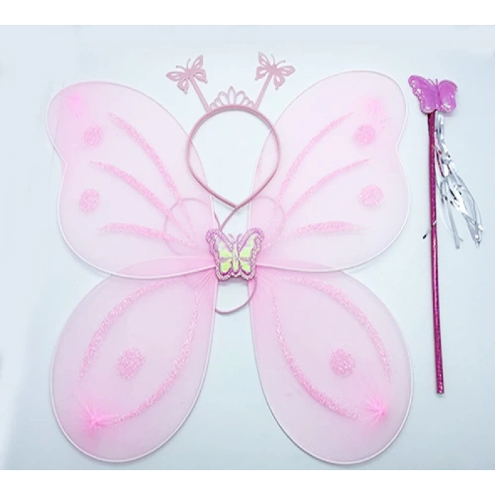Toz Pembe Renk Kelebek Kanadı Tacı ve Sopası 50x37 cm (5365)