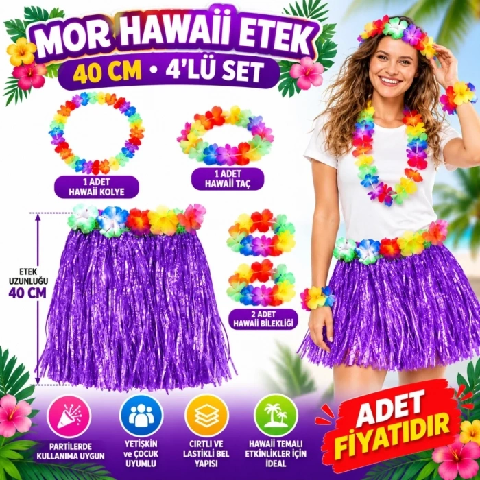 Tropikal Mor Hawaii Etek 40 Cm Ve 4lü Set