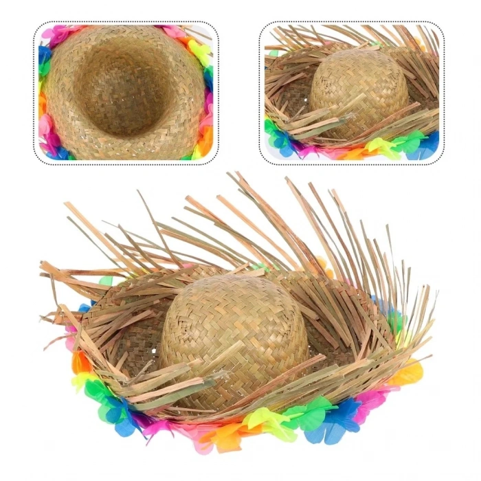 Tropikal Püsküllü Örme Hasır Şapka 13x36 Cm Plaj Aksesuarı