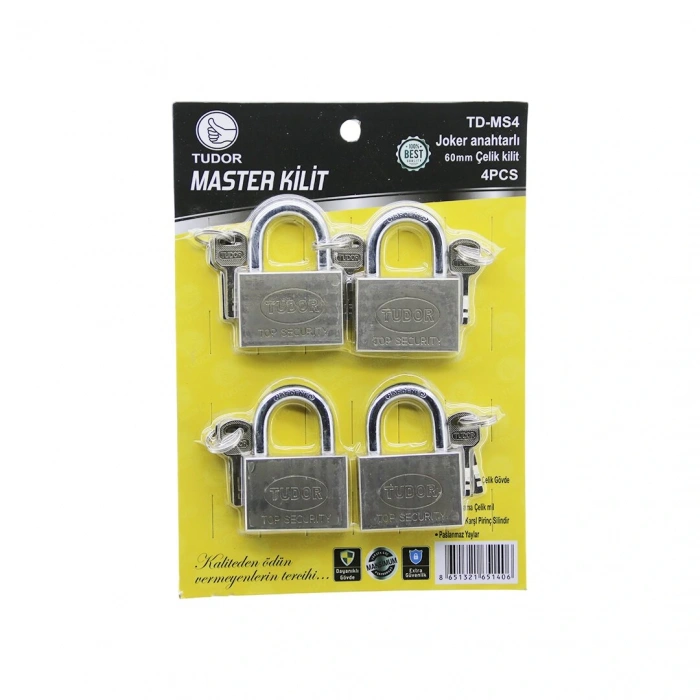 TUDOR TD-MS4 MASTER 4PCS JOKER ANAHTARLI=TEK ANAHTARLA 4 KİLİT AÇ  60MM - GRİ KISA KANCALI ÇELİK ASMA KİLİT (5365)