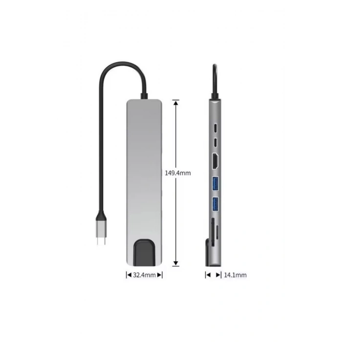 Type-C Çoklu Dönüştürücü – 87W PD, HDMI, 2x USB 3.0, RJ45, SD/TF Kart Girişli Hub