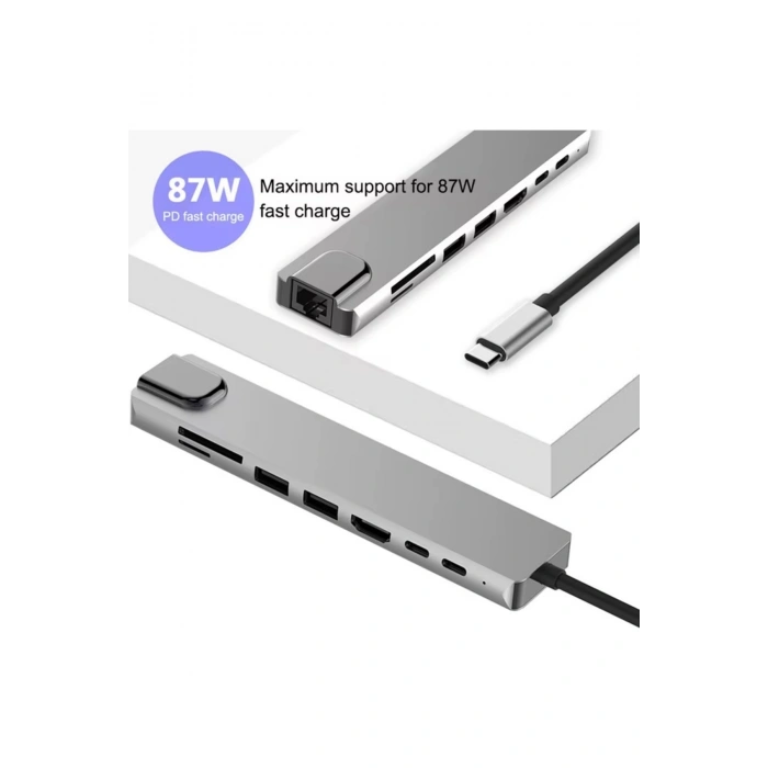 Type-C Çoklu Dönüştürücü – 87W PD, HDMI, 2x USB 3.0, RJ45, SD/TF Kart Girişli Hub