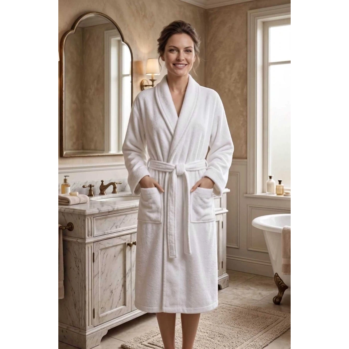 Unisex Şal Yaka Banyo Bornozu %100 Pamuk Beyaz Yetişkin Kadın Erkek