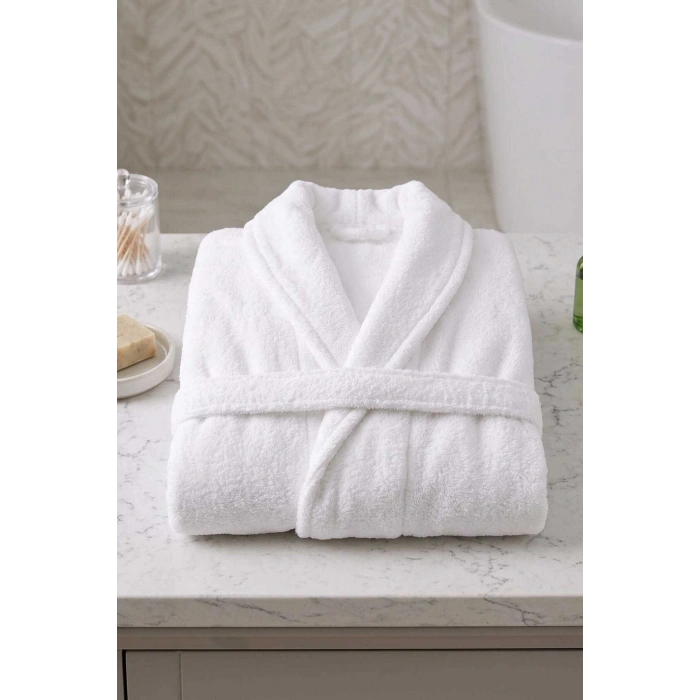 Unisex Şal Yaka Banyo Bornozu %100 Pamuk Beyaz Yetişkin Kadın Erkek