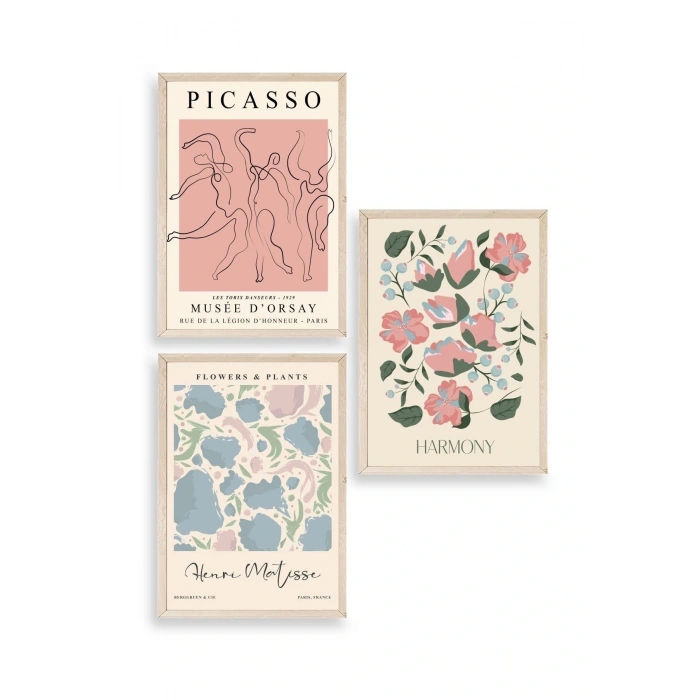 Ünlü Tablolar Üçlü Ahşap Çerçeveli Tablo 23 x 30