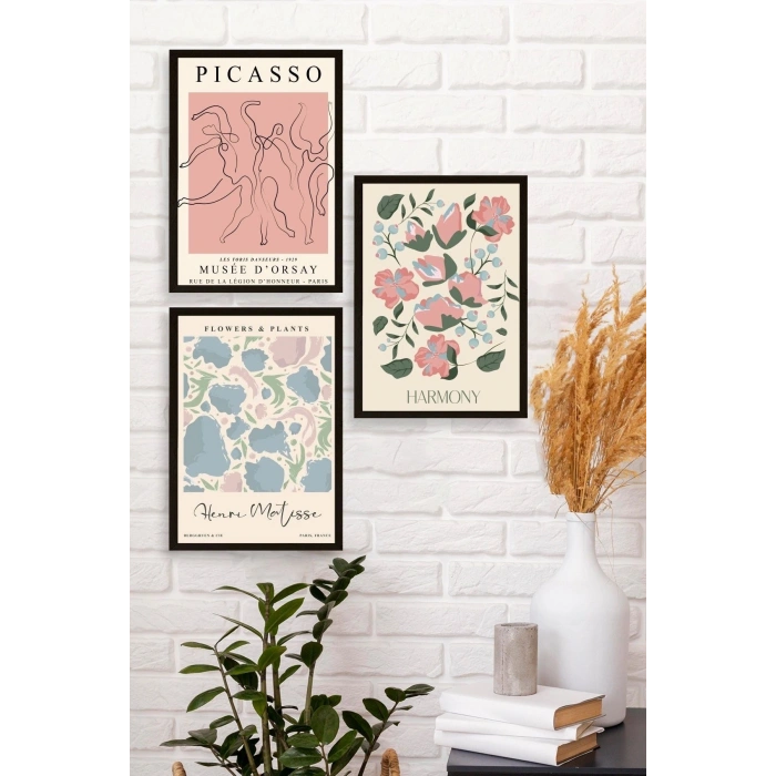 Ünlü Tablolar Üçlü Ahşap Çerçeveli Tablo 23 x 30