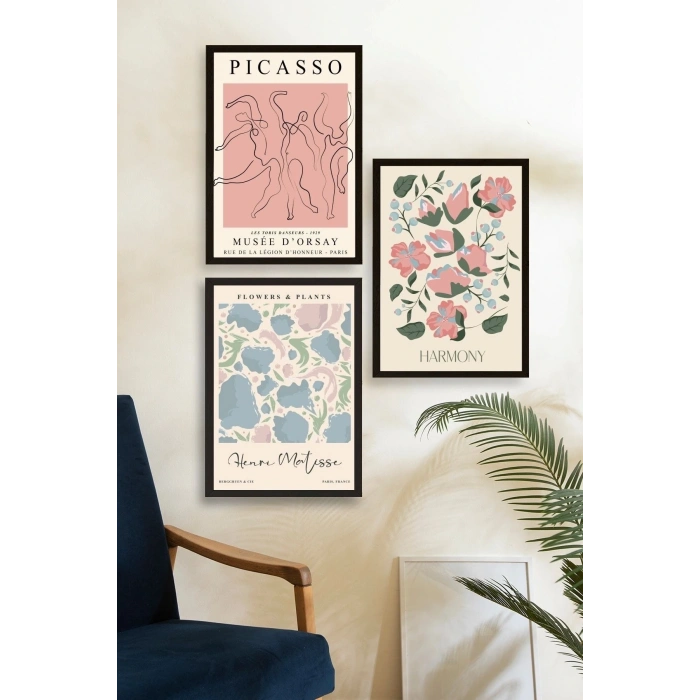 Ünlü Tablolar Üçlü Ahşap Çerçeveli Tablo 50 x 70