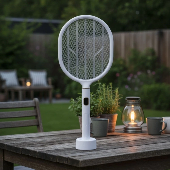 USB Şarjlı Beyaz Renk Kendiliğinden Standlı Şarj Göstergeli UV Işıklı Sinek Öldürme Raketi LTD-718 (5365)