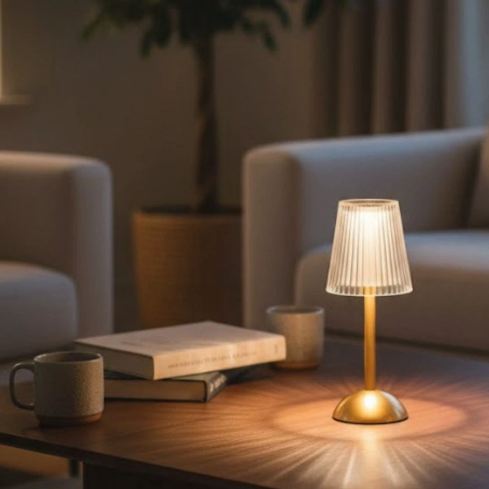 Uzun Klasik Çizgili Model LED Masa Lambası – Dokunmatik, 3 Renk Işık Modlu, Şarjlı Dekoratif Gece Lambası (5365)