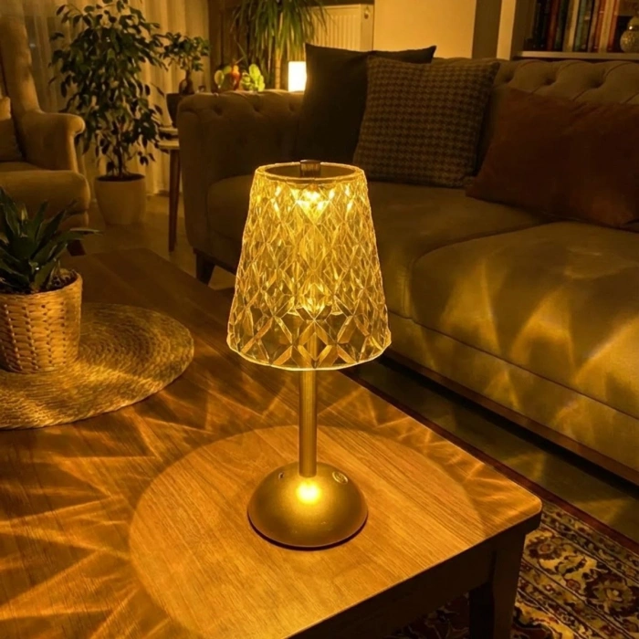 Uzun Klasik Gri Baklava Model LED Masa Lambası – Dokunmatik, 3 Renk Işık Modlu, Şarjlı Dekoratif Gece Lambası (5365)