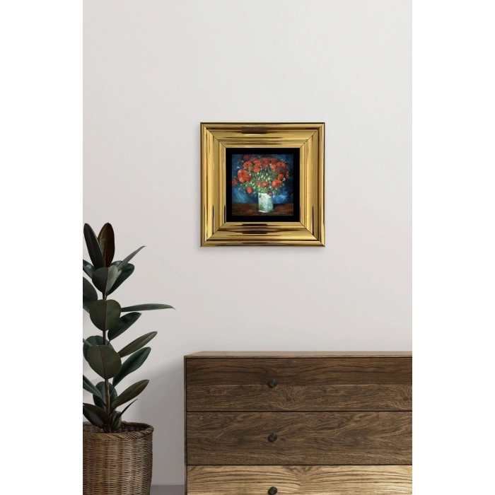 Van Gogh Çiçekli Vazo Çerçeveli Taş Tablo 20 cm