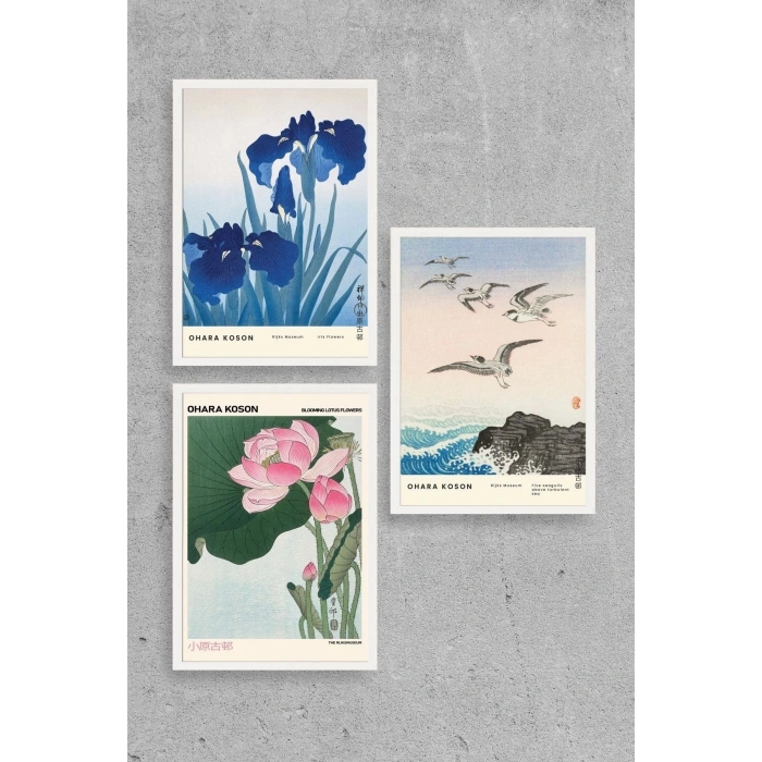 Vazodaki Çiçekler Üçlü Ahşap Çerçeveli Tablo 23 x 30