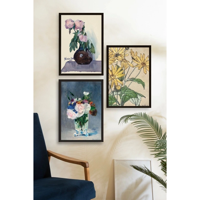Vazodaki Çiçekler Üçlü Ahşap Çerçeveli Tablo 23 x 30
