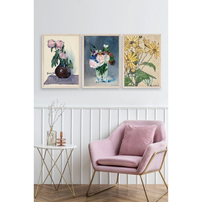 Vazodaki Çiçekler Üçlü Ahşap Çerçeveli Tablo 23 x 30