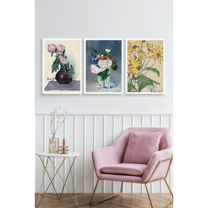 Vazodaki Çiçekler Üçlü Ahşap Çerçeveli Tablo 23 x 30