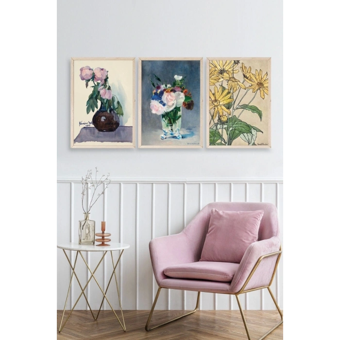 Vazodaki Çiçekler Üçlü Ahşap Çerçeveli Tablo 23 x 30