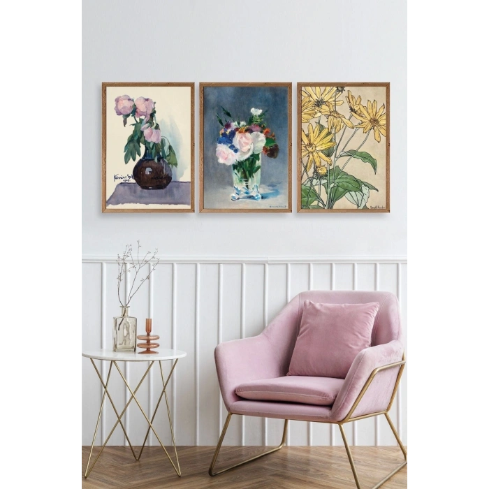 Vazodaki Çiçekler Üçlü Ahşap Çerçeveli Tablo 23 x 30