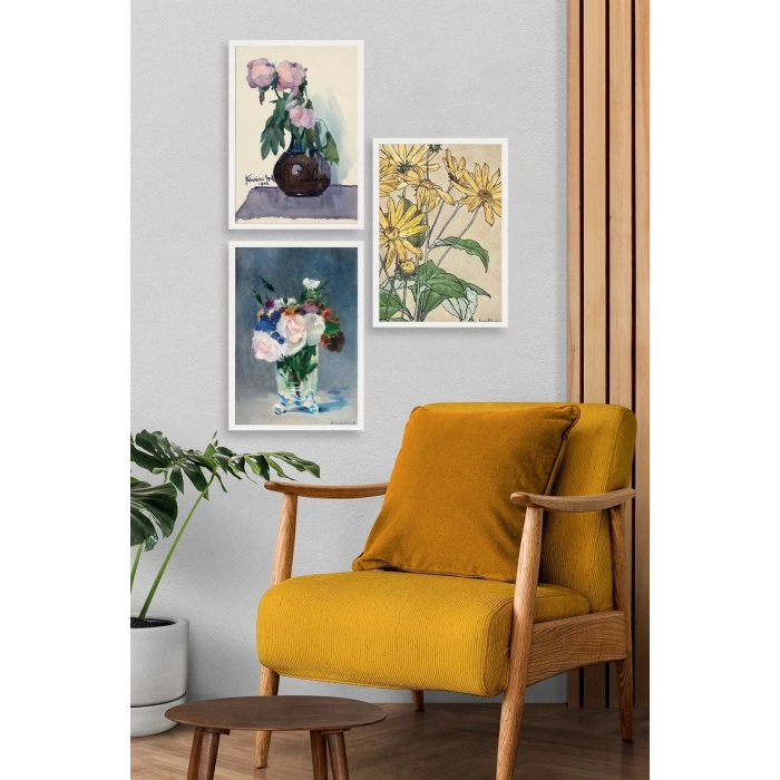 Vazodaki Çiçekler Üçlü Ahşap Çerçeveli Tablo 23 x 30