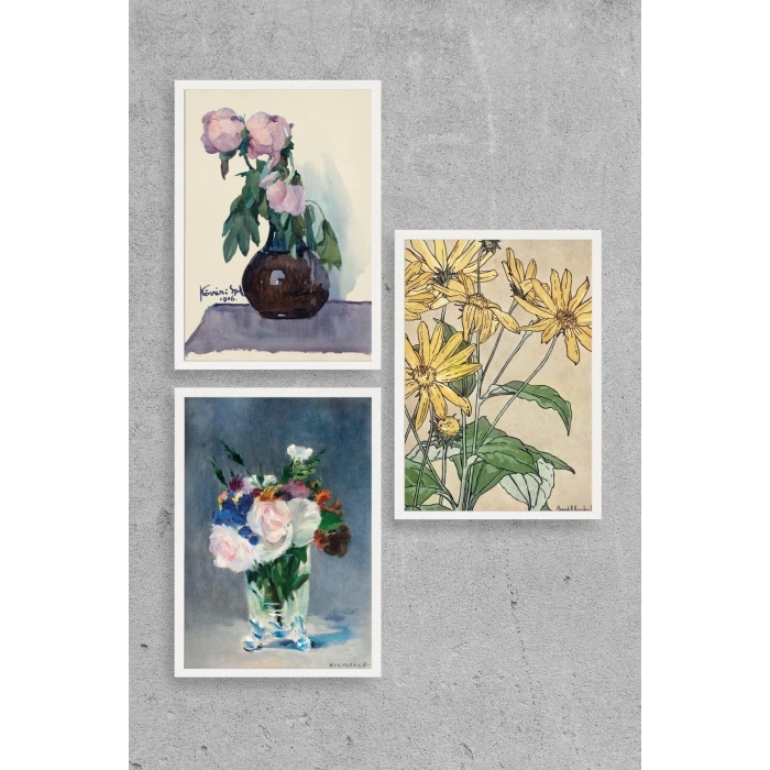 Vazodaki Çiçekler Üçlü Ahşap Çerçeveli Tablo 30 x 40